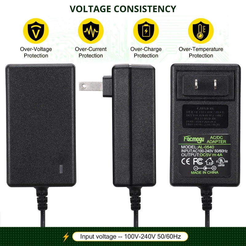 Facmogu DC 5V 4A AC to DC Converter, AC 100-240V to DC 5 Volt 4 Amp 20W Power Supply 5V Switching Transformer Power Adapter, Wall Mounted Adapter with with Barrel Connector 5.5x2.5mm & 5.5x2.1mm - Image 4